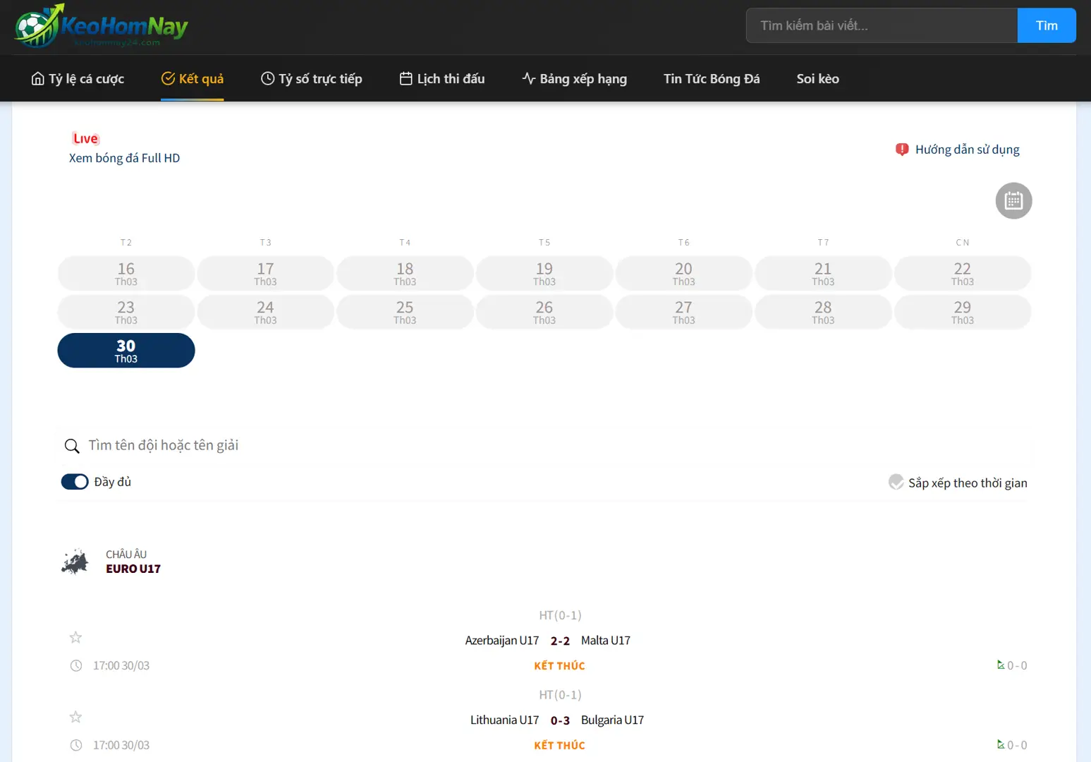 Giao diện cập nhật tỷ số bóng đá trực tuyến tại KeoHomNay